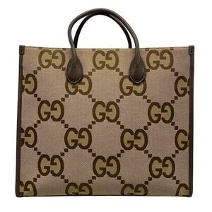 GUCCI Jumbo GG Tote Bag Beige Dark Brown Leather